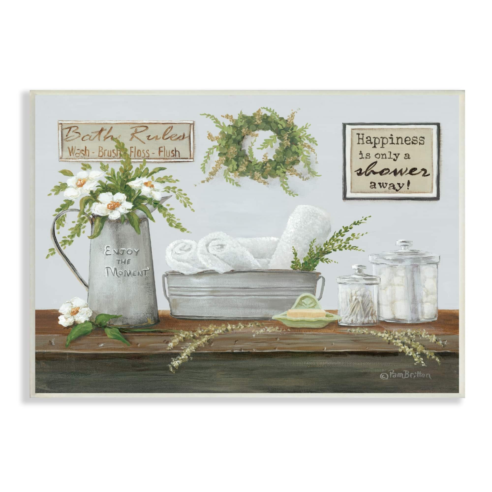 Stupell Industries Farmhouse Bathroom Counter Still Life Motivational Phrases Wall Plaque Art